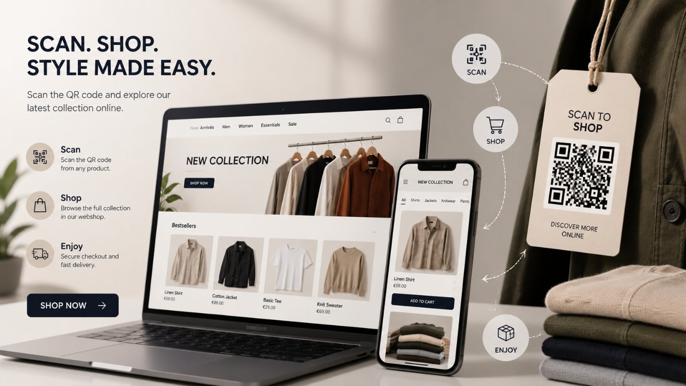 Scan, shop en enjoy — webshop op laptop en telefoon met scan-to-shop QR-label