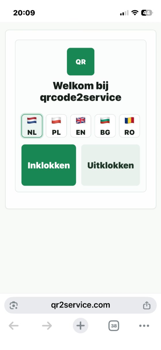 QR urenregistratie-app: welkom bij qr2service, taal kiezen en in- of uitklokken